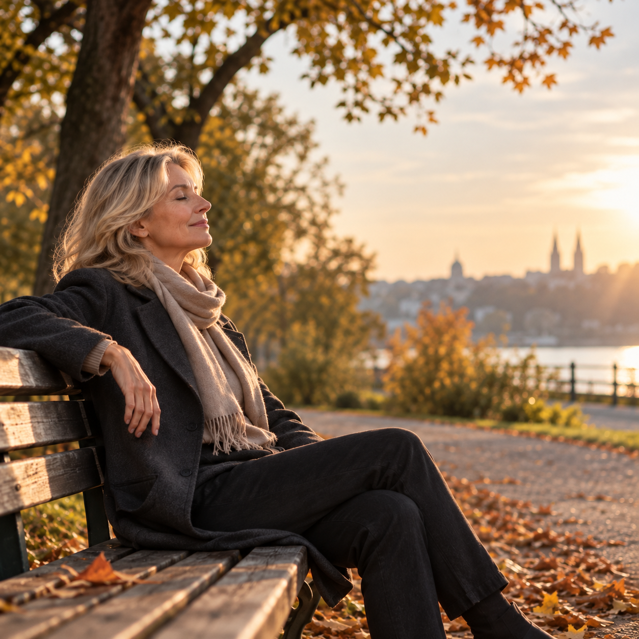 Eine Frau sitzt mit geschlossenen Augen auf einer Parkbank am Wasser im warmen Abendlicht.